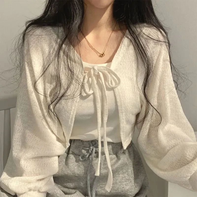 Street Fashion Necklace - Yaz Kadın Örme Hırka Beyaz Ince