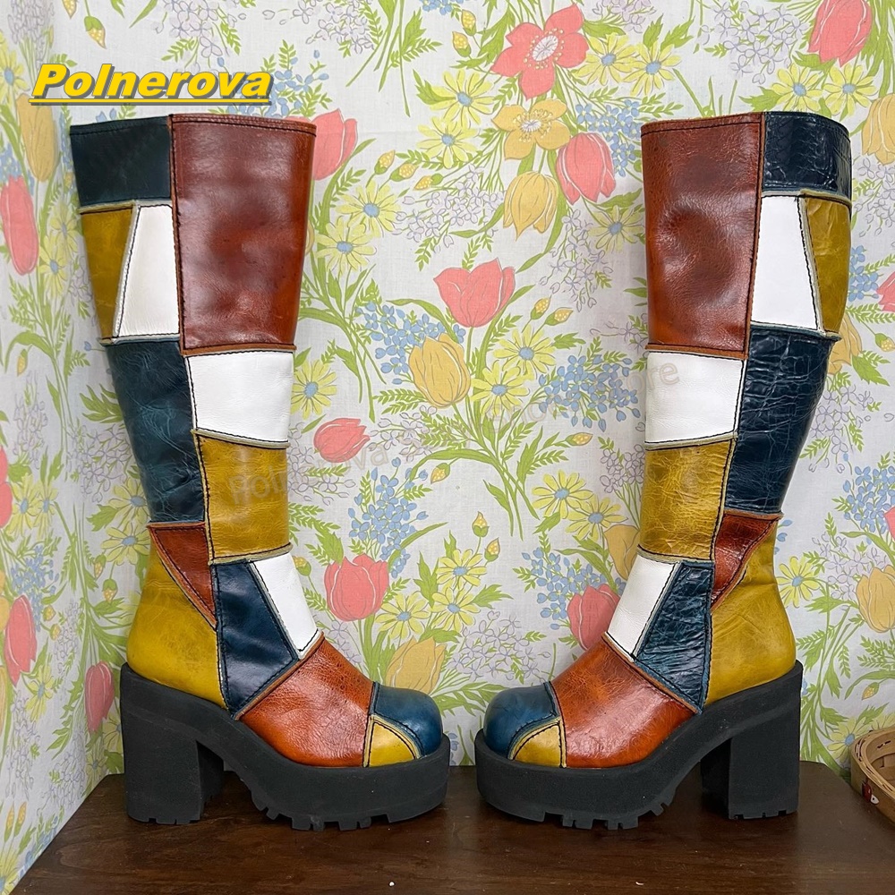 Street Fashion Vintage - Kadın Retro Patchwork Deri Diz Yüksek