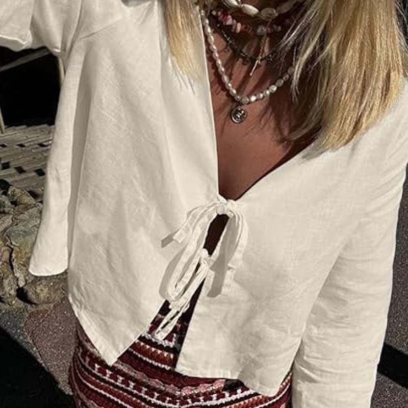 Street Fashion Necklace - Yazlık bağcıklı gömlek kadın zarif gevşek