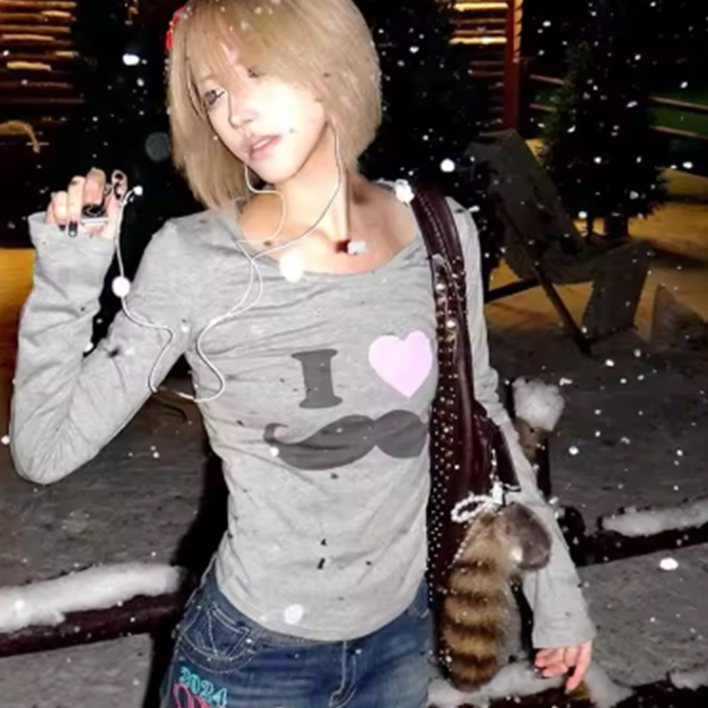 Street Fashion Vintage - Japon Y2K Sakal Baskılı Tişört Vintage