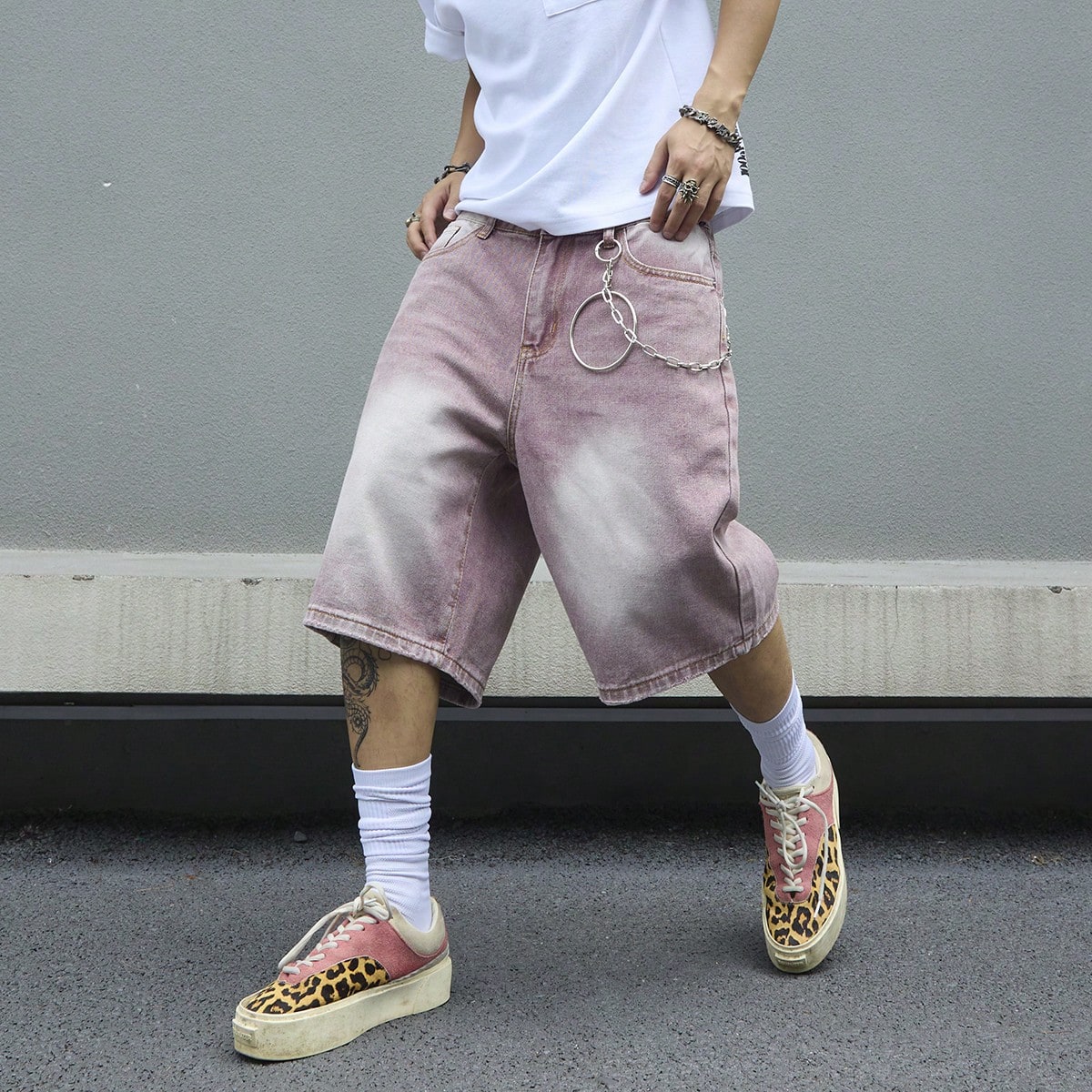 Street Fashion Art - Erkek Pembe Degrade Kot Şort Vintage
