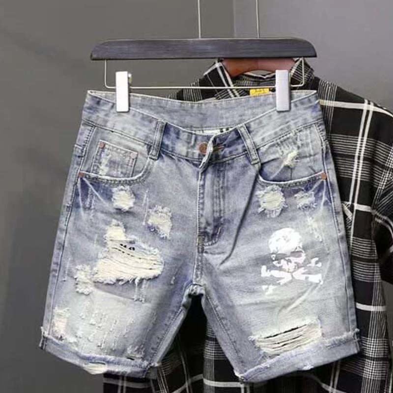 Street Fashion Jeans - Yaz erkek yıpranmış boncuk delik dilenci